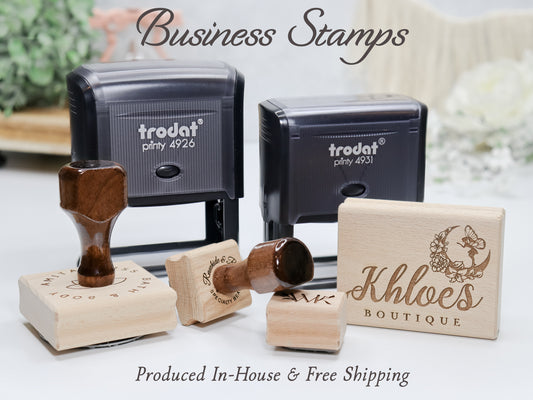 Collection of business stamps with 'trodat' and 'Khloes Boutique' branding on a light background.
