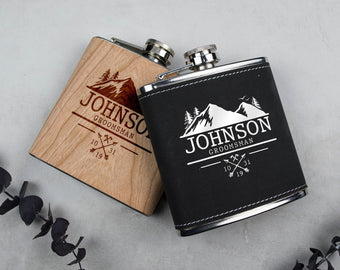 Groomsmen Flask, Wood Flask, Engraved Flask Gift, Hip Flask, Leather Flask For Groomsmen, Wedding Flasks - F4