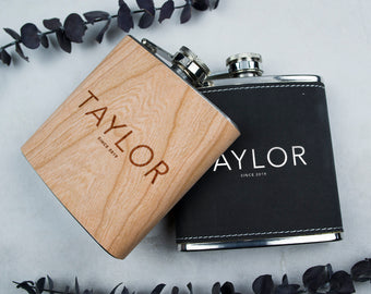 Personalized Flask, Wood Flask, Black Flask, Groomsmen Gift, Custom Flask 6oz - F2