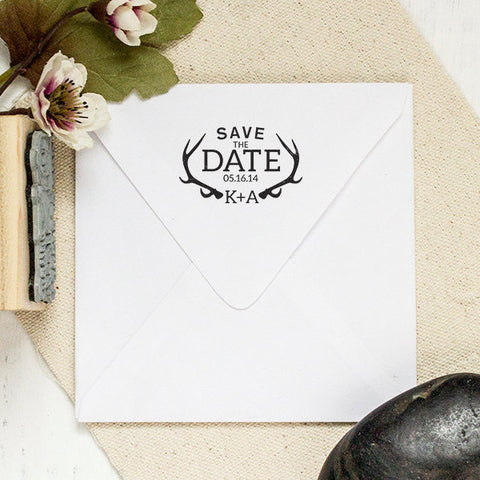 Rustic DIY Wedding Stamp with Antlers. Save The Date Rubber Stamp, Custom Wedding Invitation Stamp. Custom Rubber Stamp 2 x 1.5