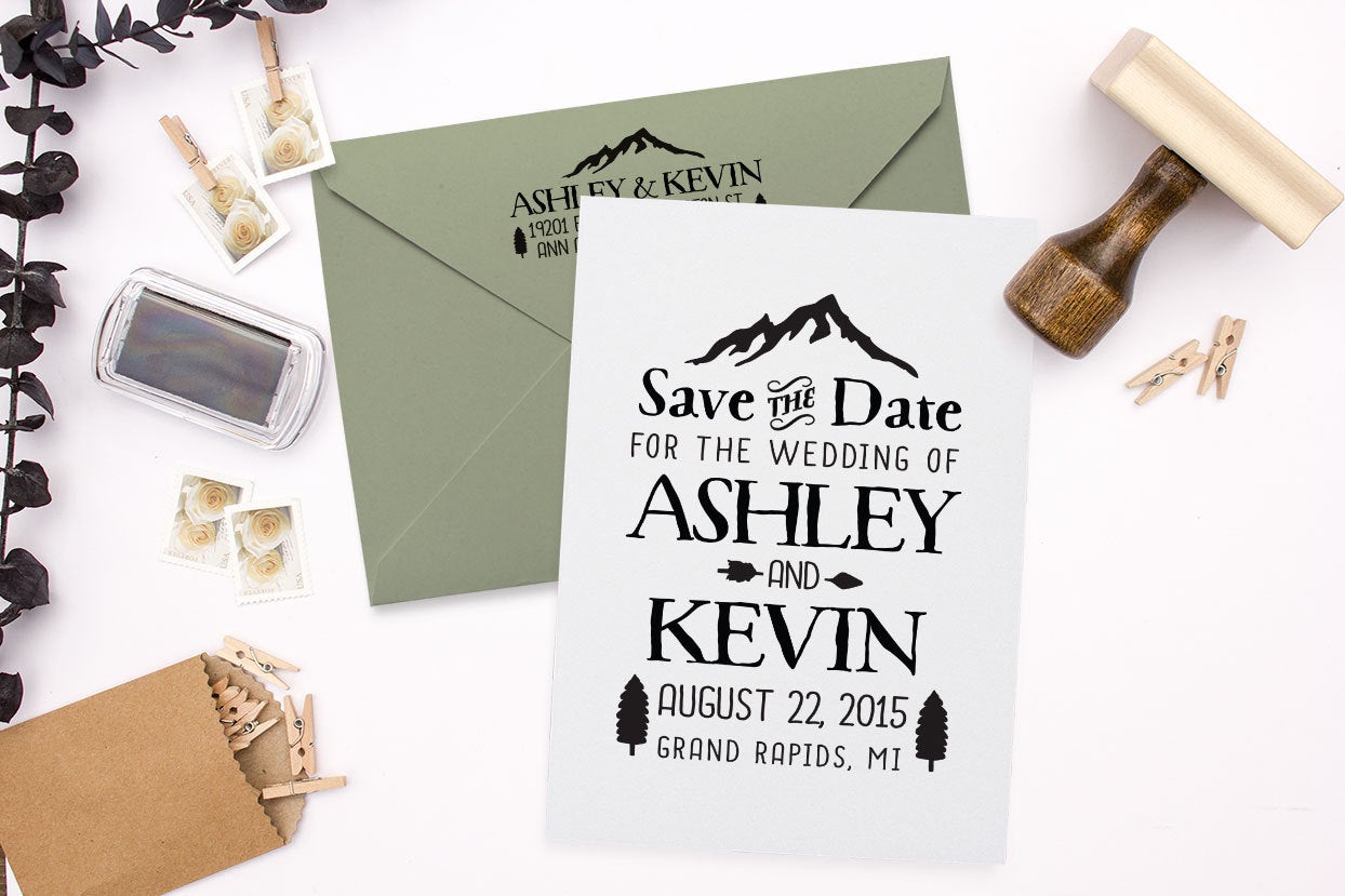 Save The Date Stamp with Return Address Stamp on Maple Mount, Wedding Invitation Stamp, DIY Wedding Stamp, Custom Rubber Stamp